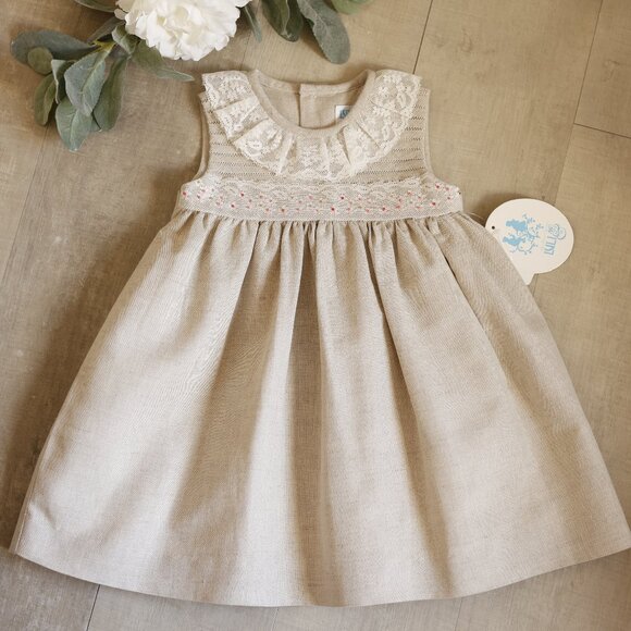 Linen Dress Sleeveless Lace Embroidery Boutique Beach Portrait 9 Months NWT - Picture 1 of 5